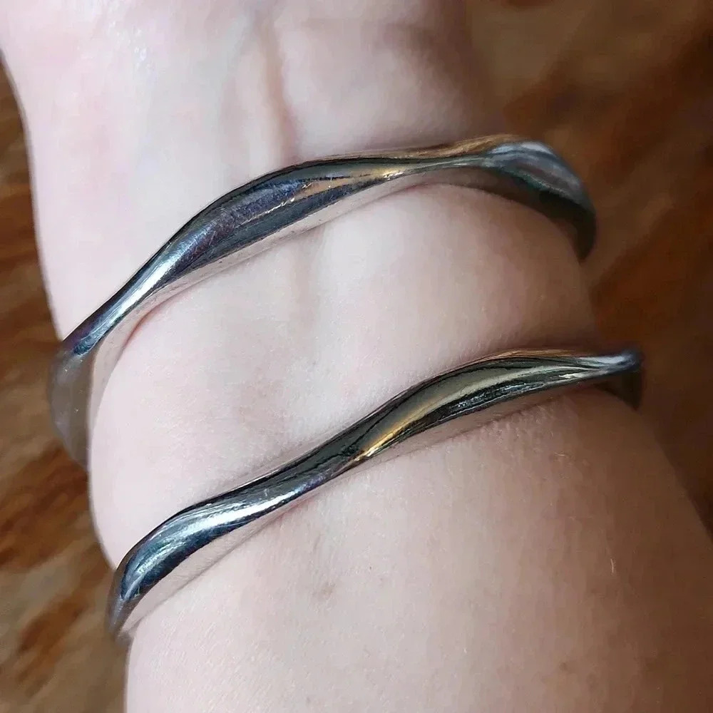 Vtg Heavy Wave Wavy Stainless Steel Bracelet Set - Picture 2 of 6